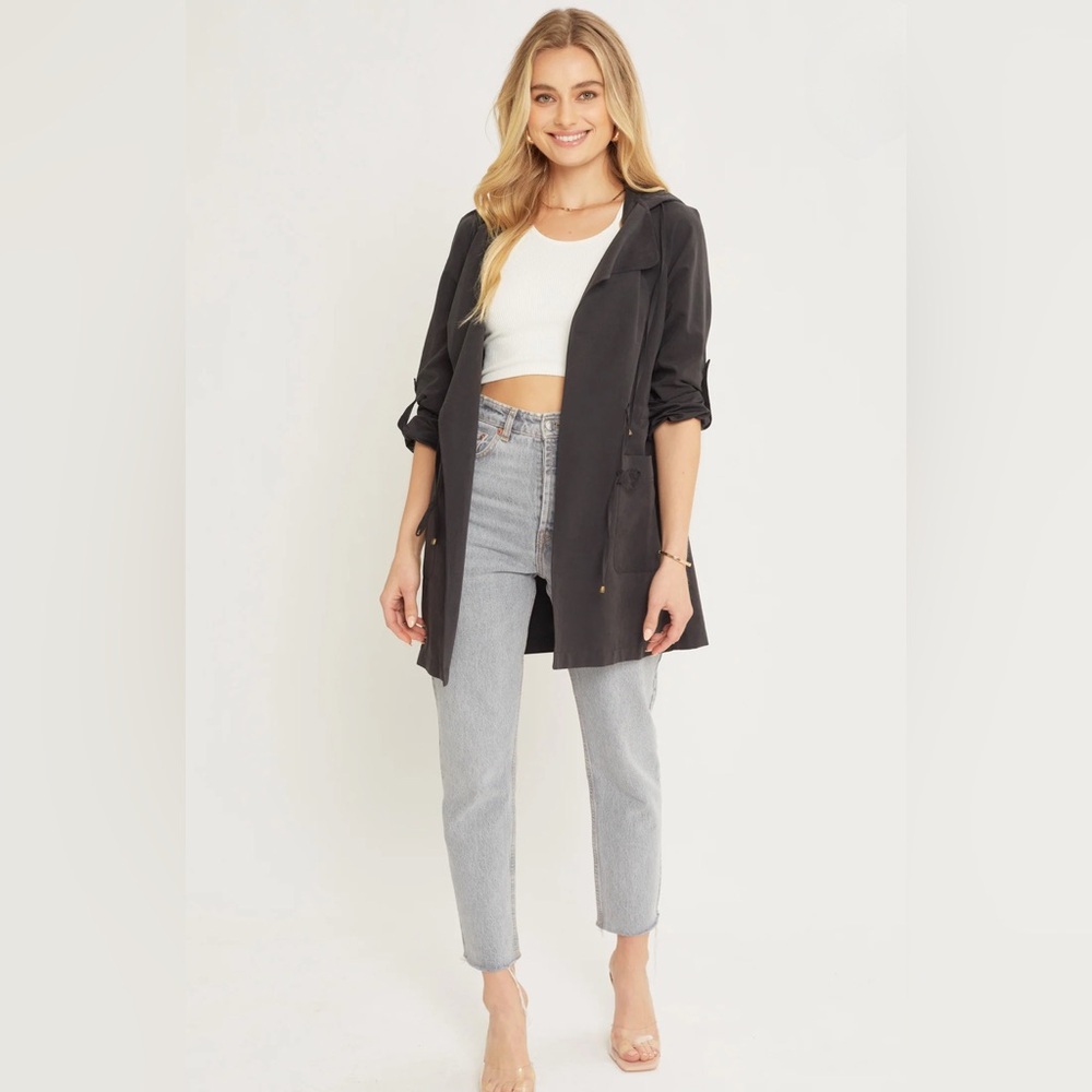 Love Tree | Black Oversized Hooded Trench Jacket | Size M
